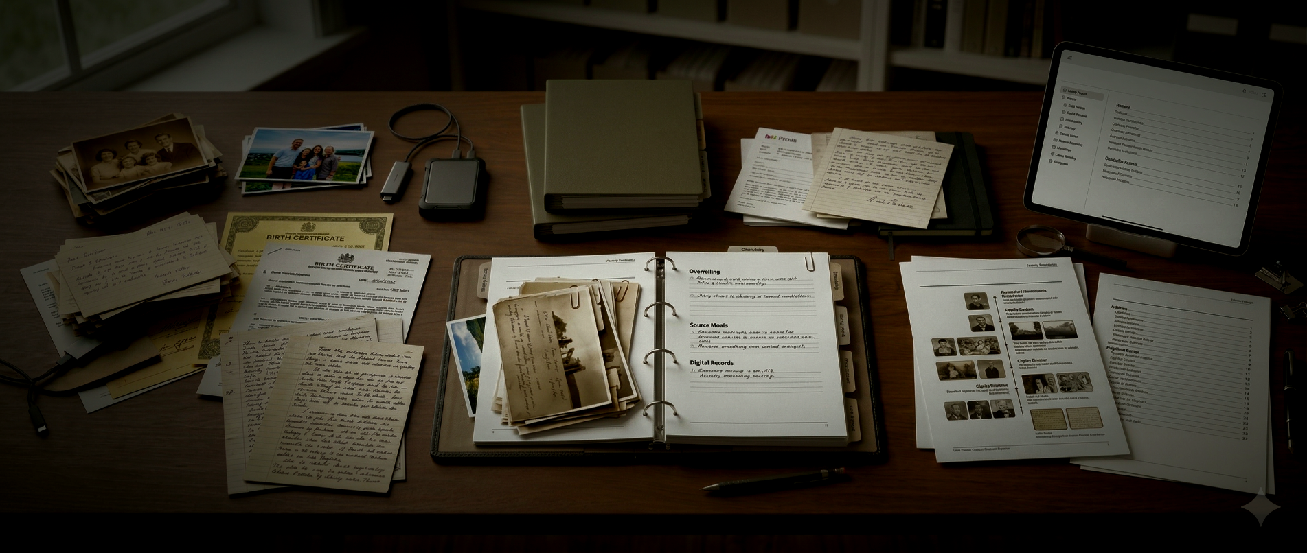 Moderner Arbeitsplatz mit gemischten analogen und digitalen Quellen, Notizen, Speichermedien und strukturierter Archivnavigation.