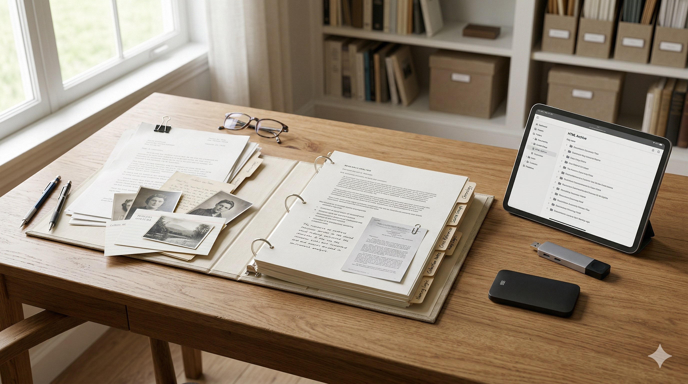 Moderne strukturierte Quellenanalyse mit Archivnavigation, Quellengruppen und formatübergreifender Organisation.