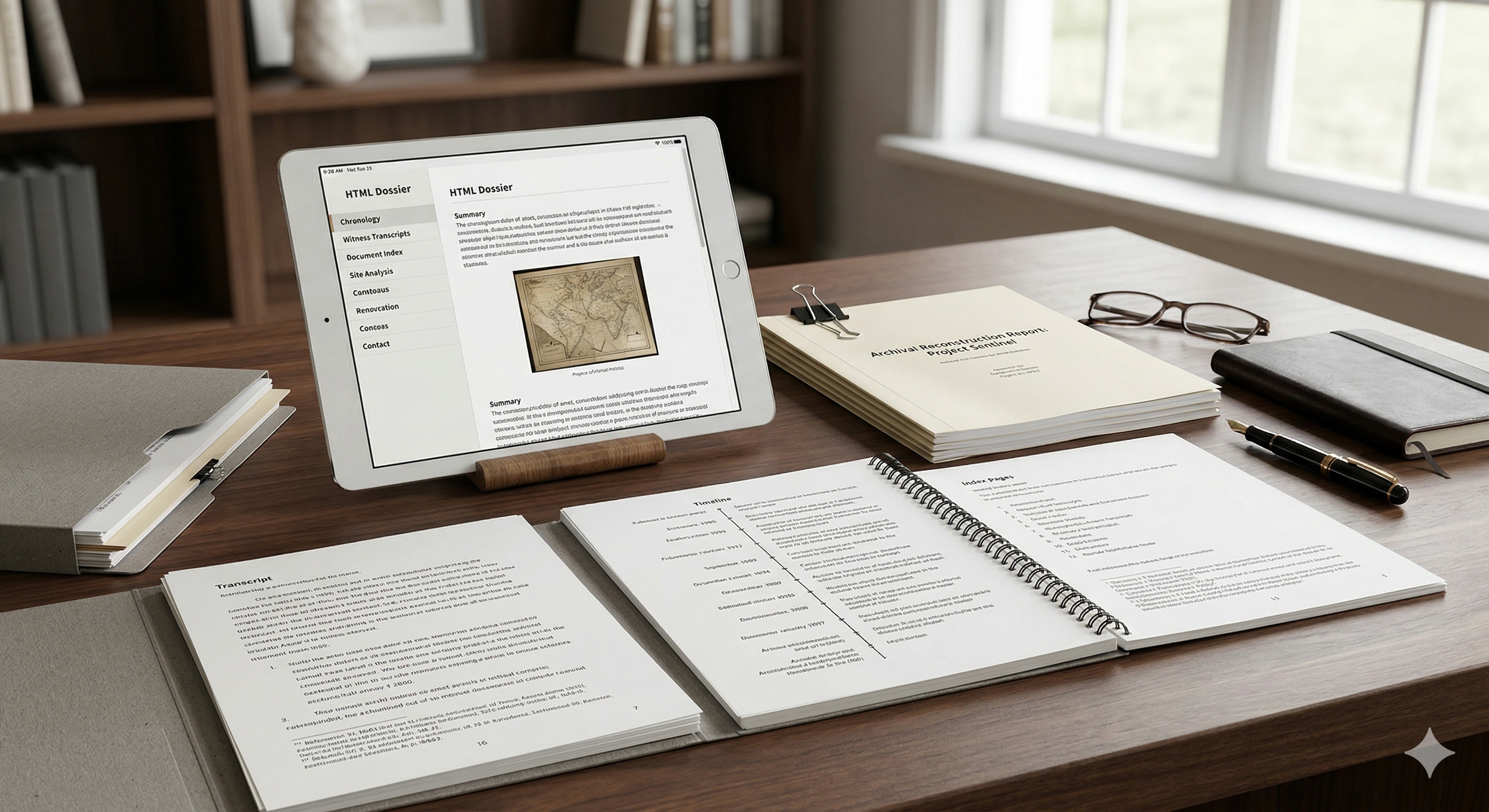 Structured dossier with timeline, archive index and digital layouts designed for review.